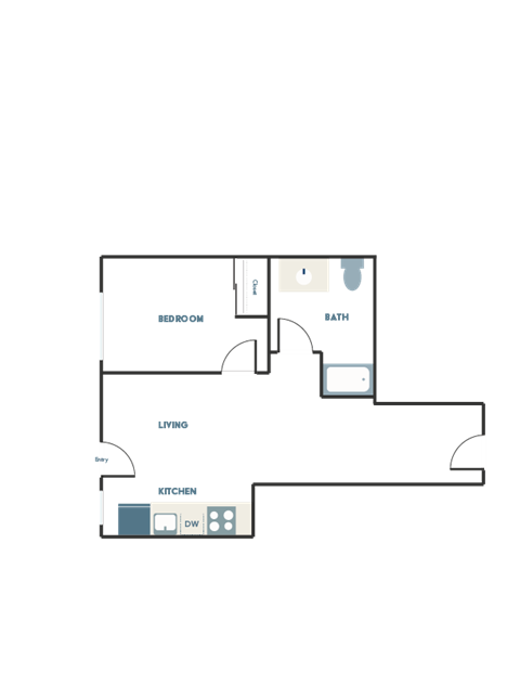 Floor plan for 1 bed, 1 bath, 444 sqft